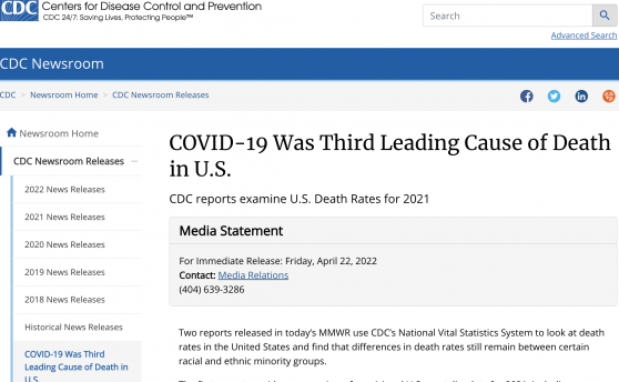 CDC：新冠连续两年成为美国第三大致死原因 仅次于心脏病和癌症